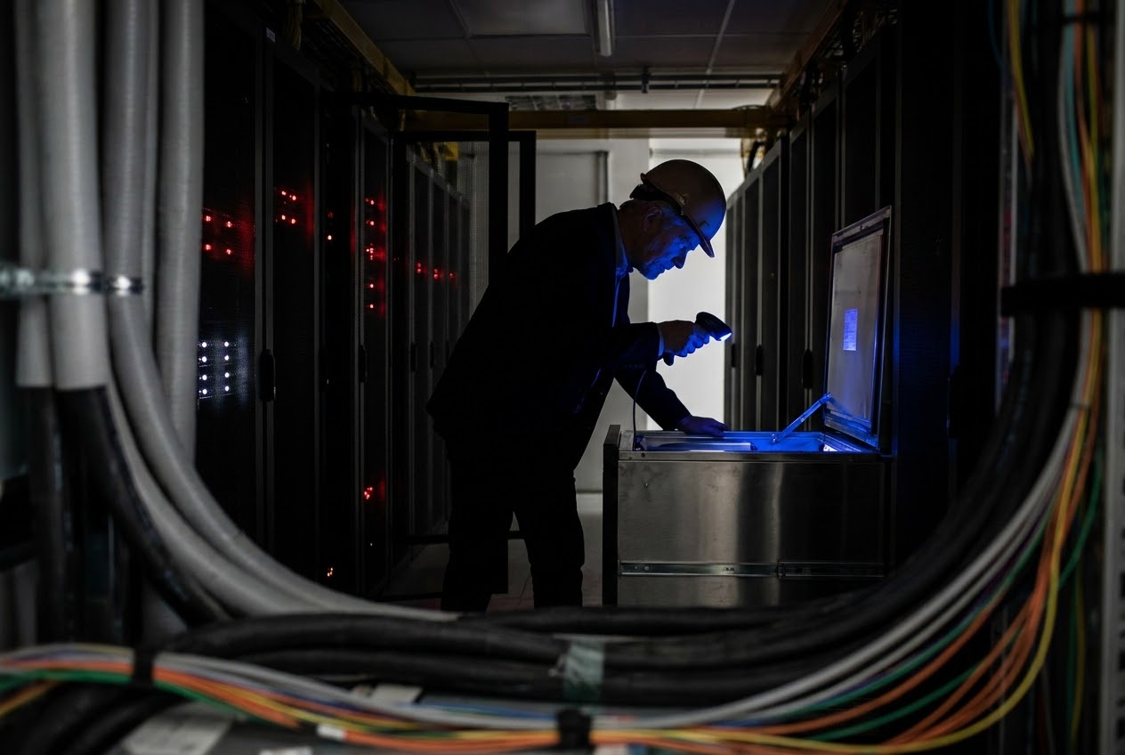 Server racks and network equipment in a plant's control room
