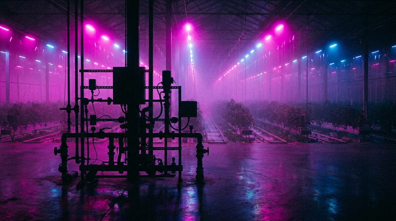 Rows of crops under greenhouse lights