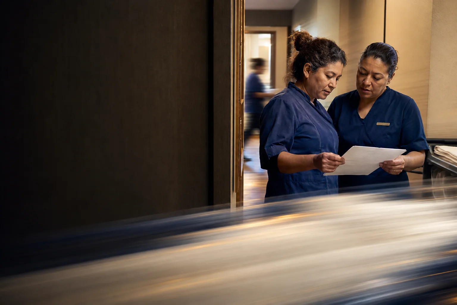 Illustrative hotel scene: colleagues check room assignments during a busy shift change.