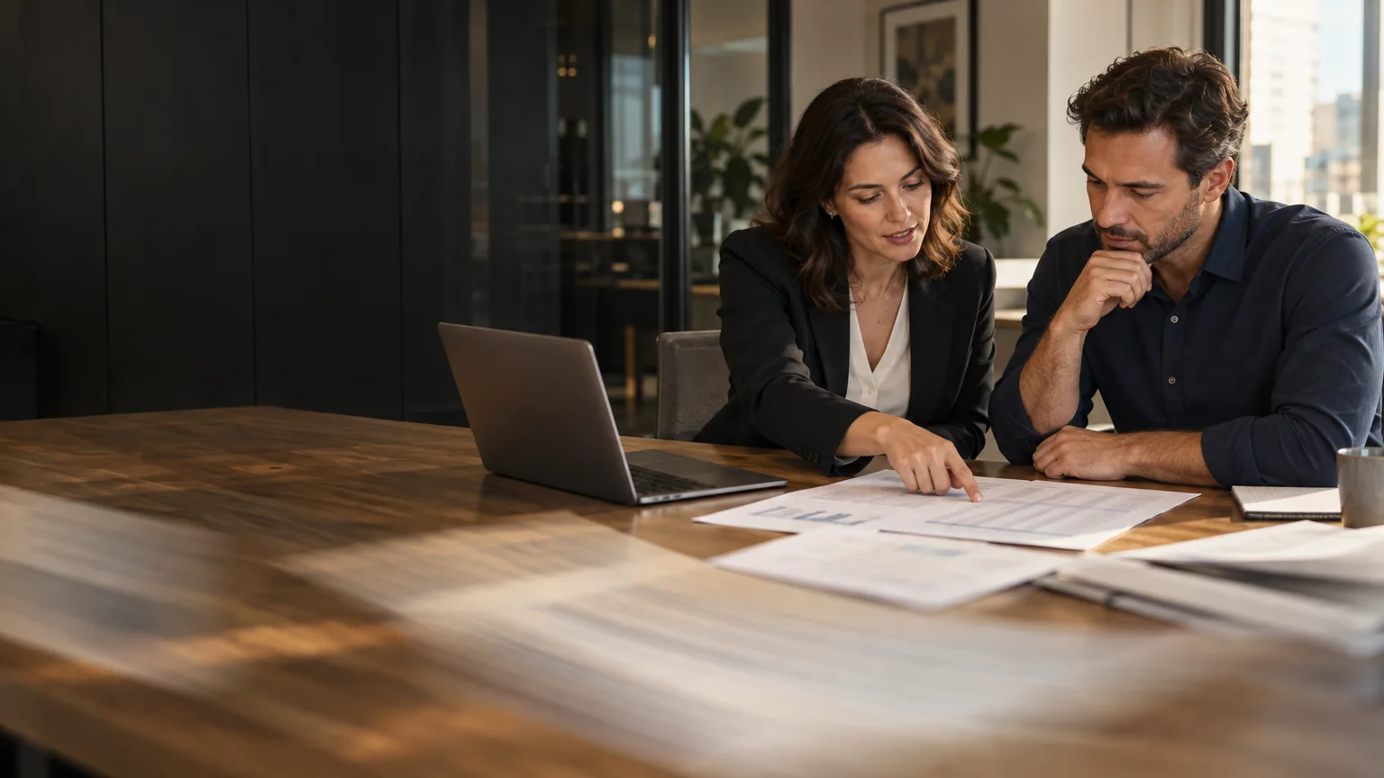 Illustrative office scene: two operations colleagues review business reports together.