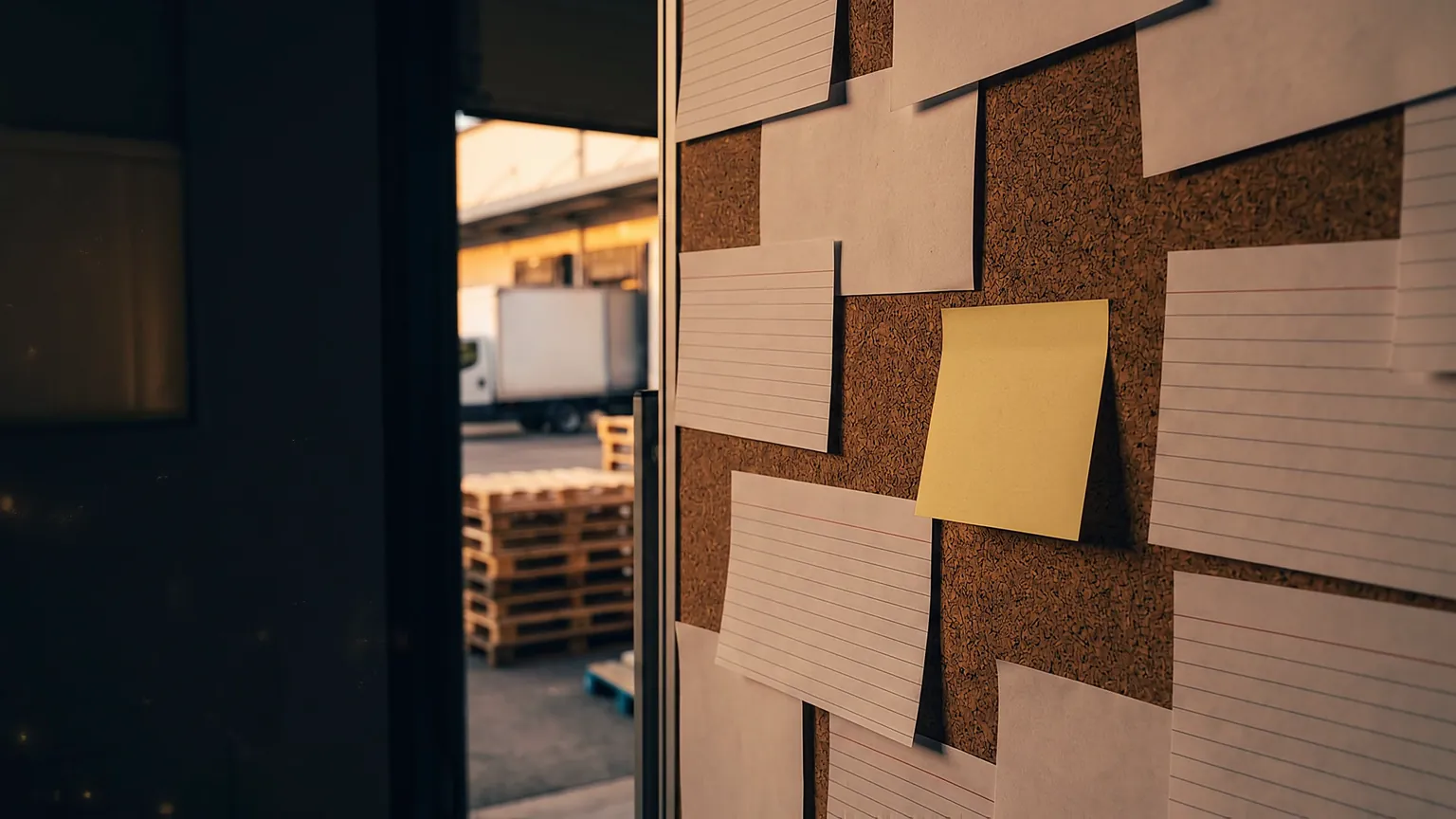 Illustrative scene in a dock office: a cork pinboard with a blank sticky note and pinned cards, and a delivery truck and pallets on the loading dock behind the glass.