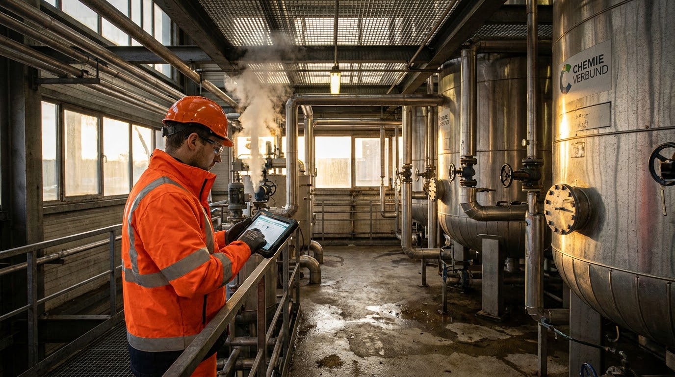 Operator in orange hi-vis reading a tablet beside stainless process tanks