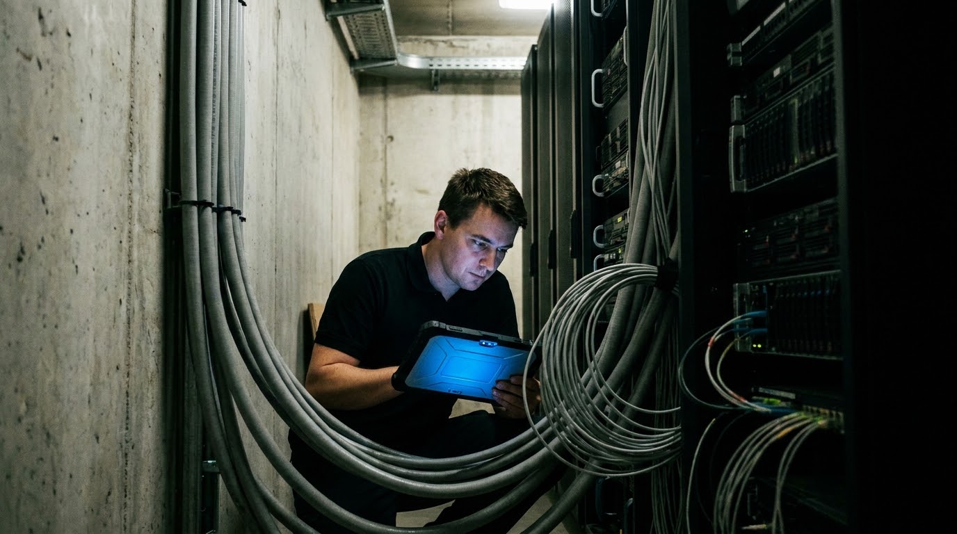 Technician with a rugged tablet working between server racks and cable runs