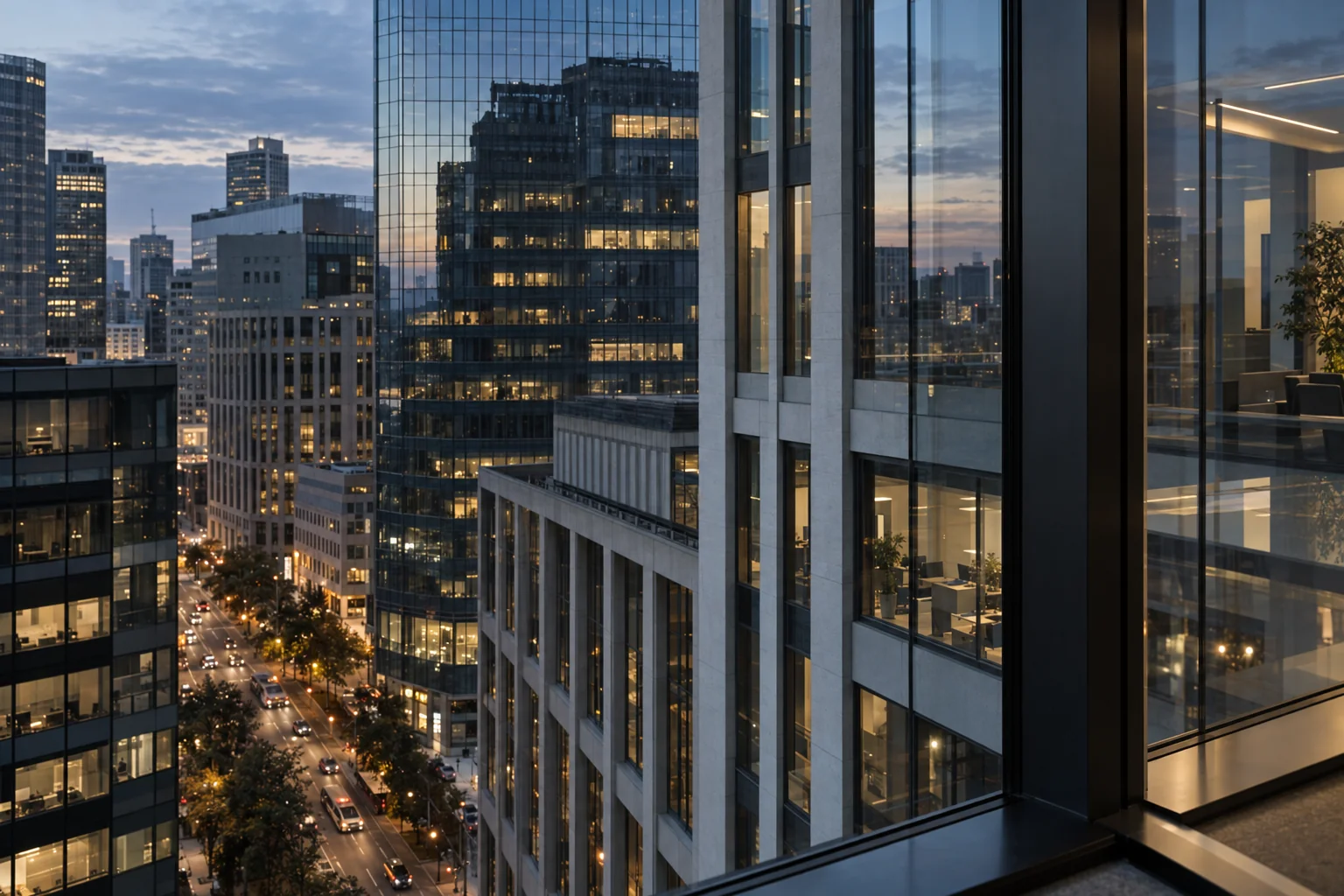 Illuminated office towers and city streets seen through glass at dusk