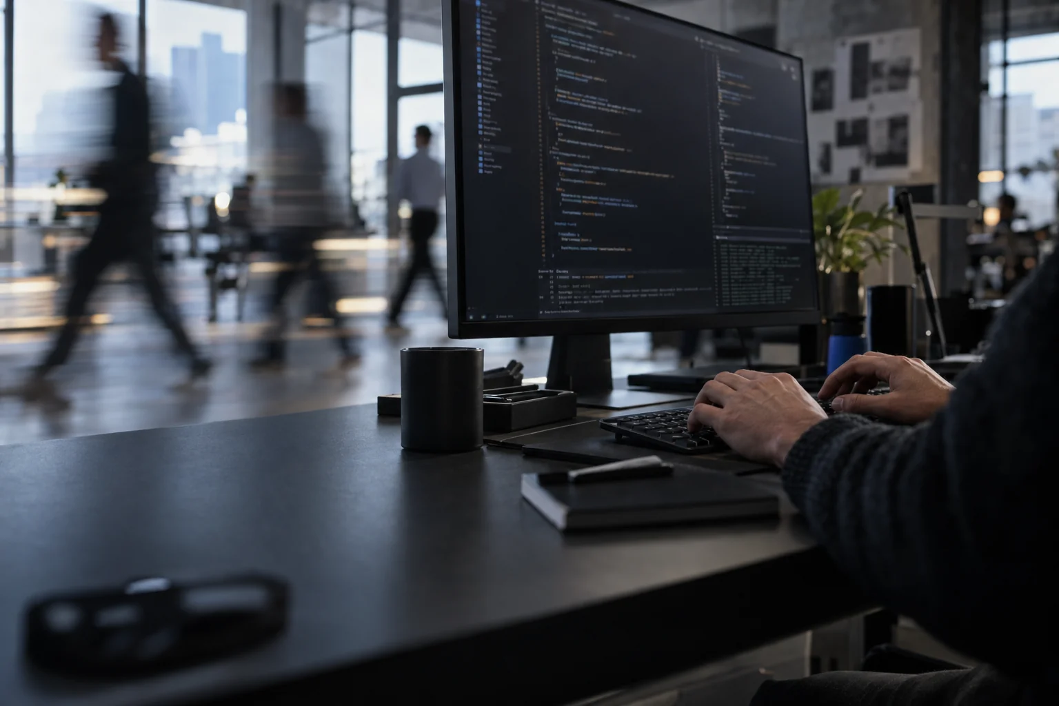 Hands at a keyboard beside a code-filled monitor, with colleagues moving through an office