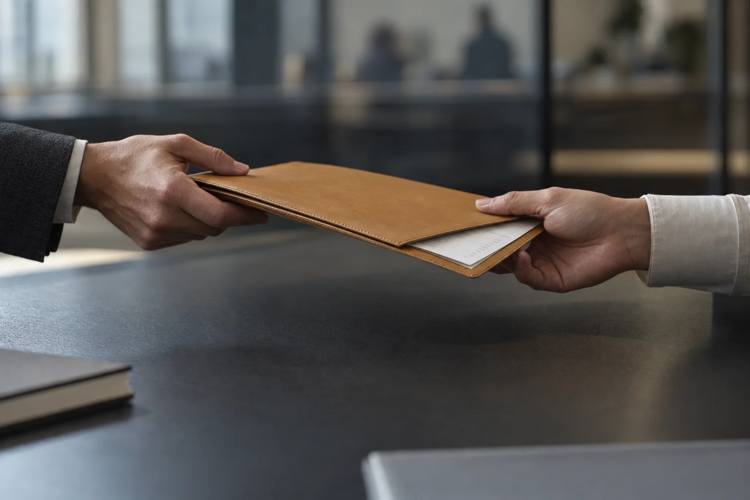 Two colleagues passing a document wallet across a desk