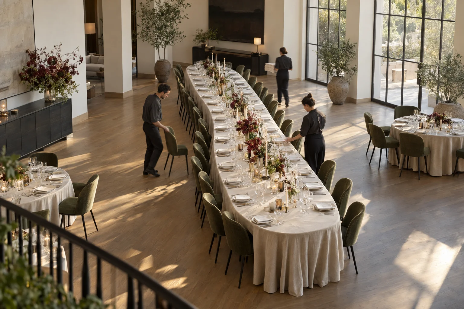 Event staff arranging chairs and table settings in a sunlit dining room