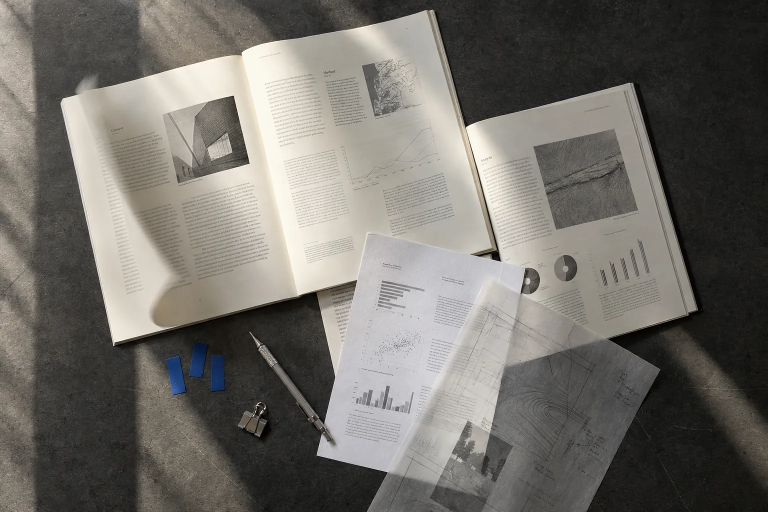 Open reference books, printed charts, and tracing paper arranged on a work surface