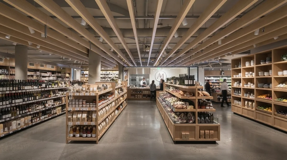 Aisles of a specialty market stocked with wine, bread, and dry goods