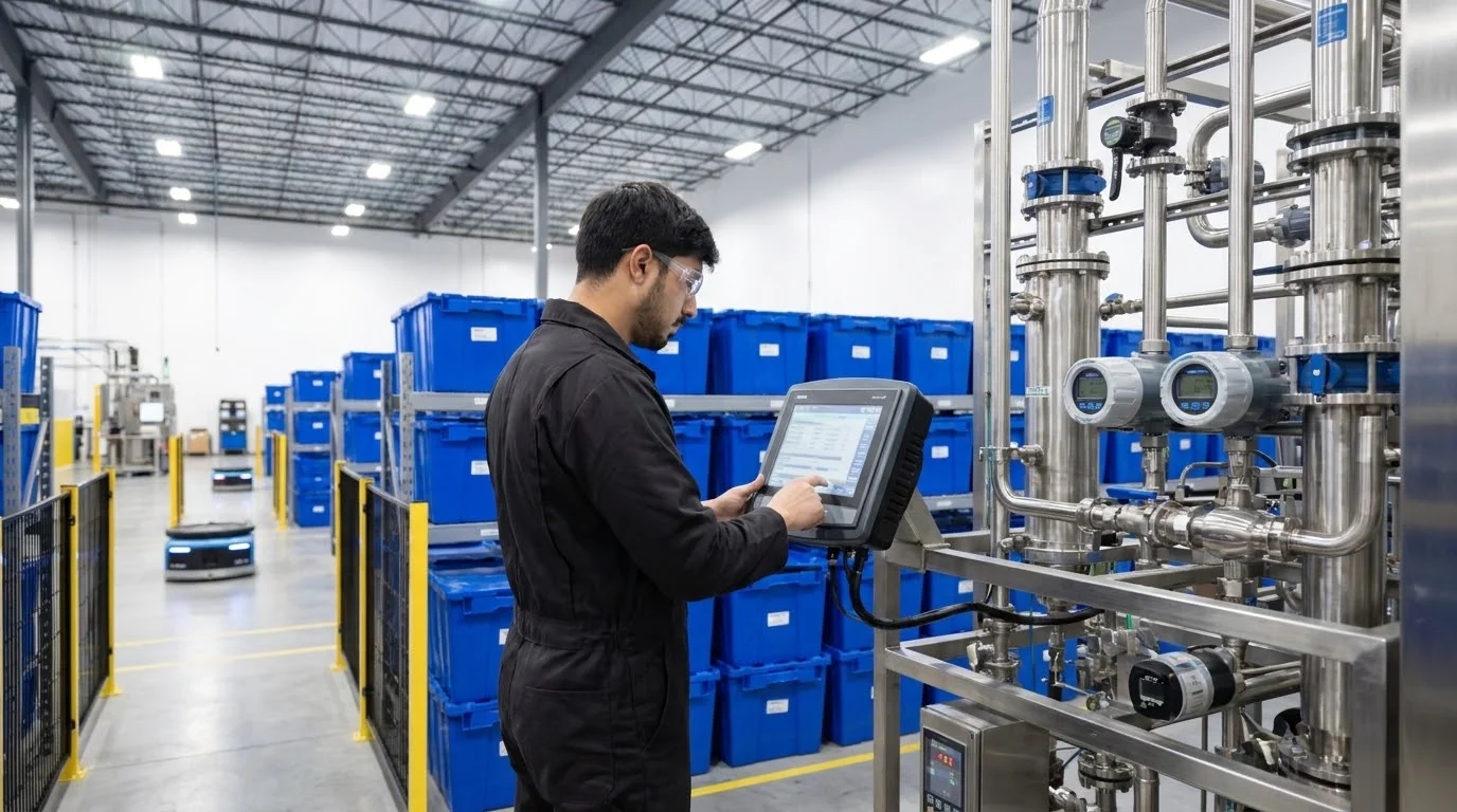 Technician entering readings on a tablet at a stainless-steel process skid