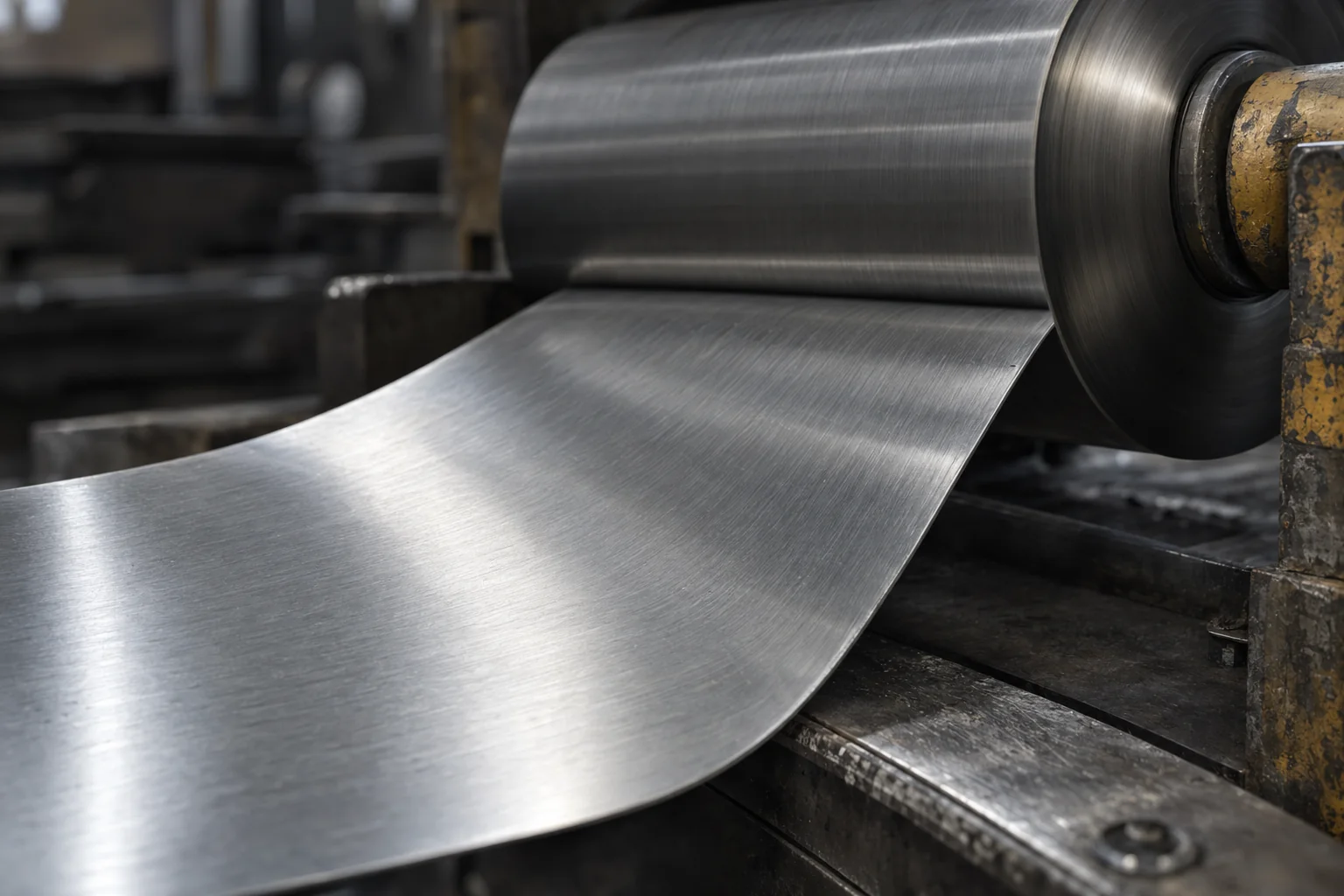 A sheet of metal passing between large industrial rollers
