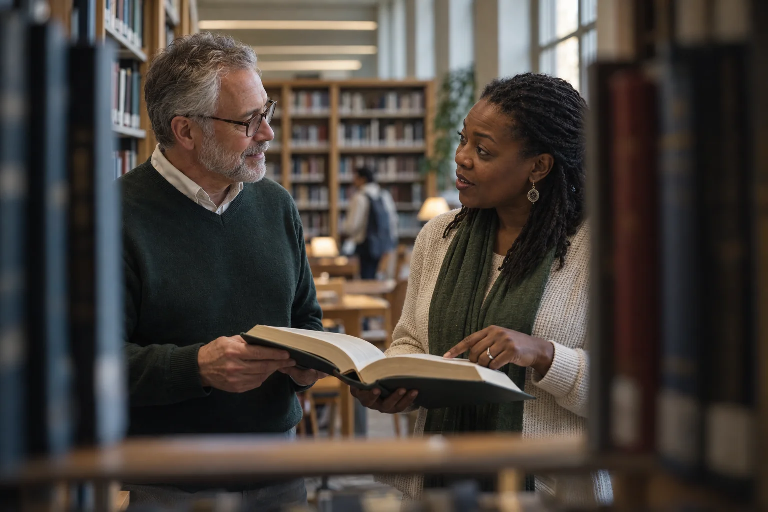 Two researchers discussing a reference book between library shelves