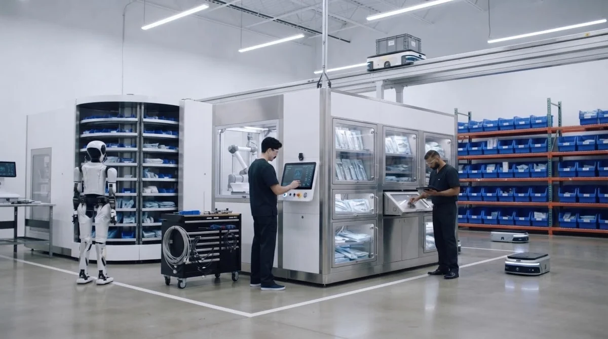Engineers at automated storage and dispensing cabinets in a robotics lab
