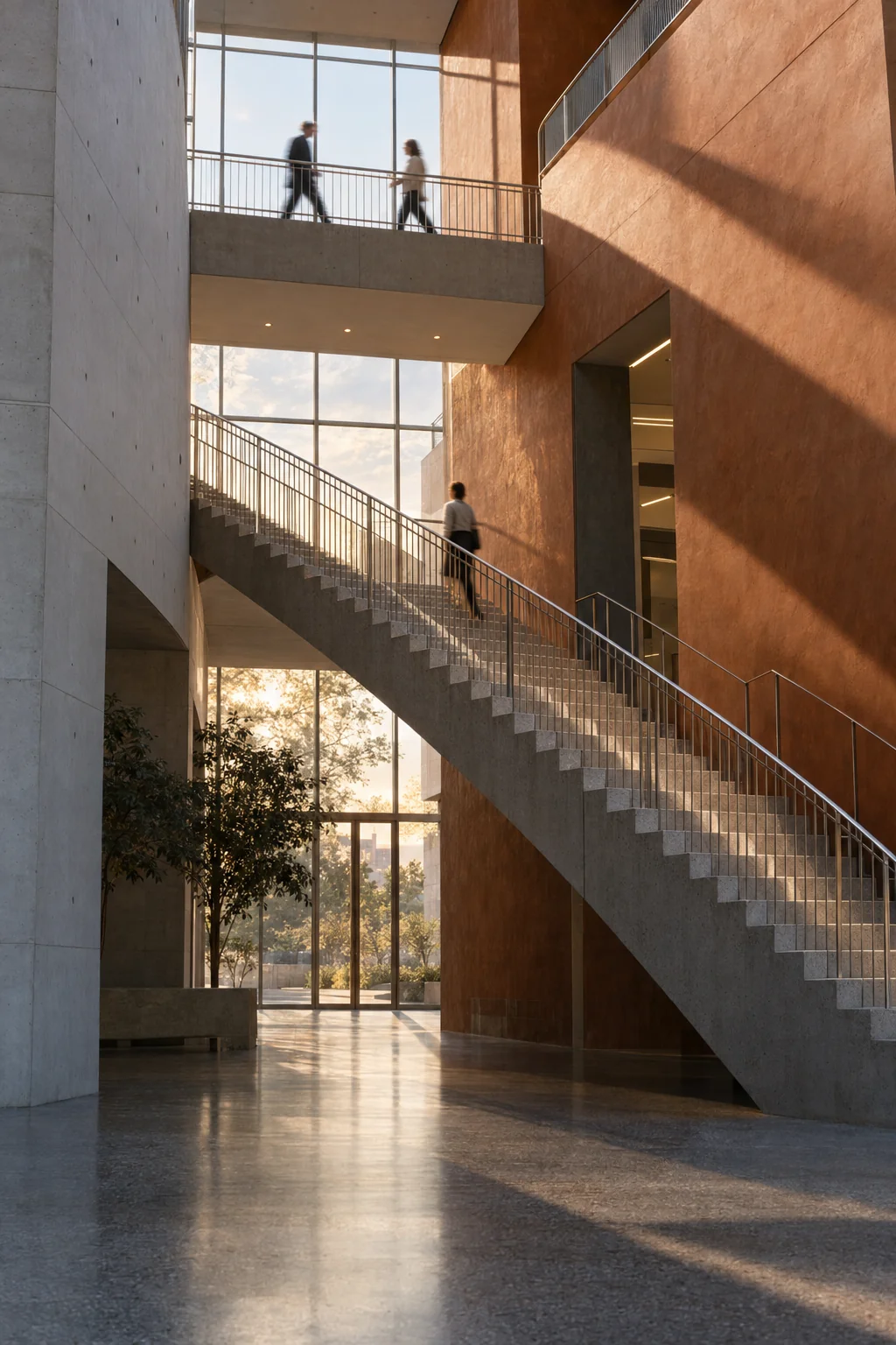 People moving between floors in a sunlit terracotta and concrete stairwell