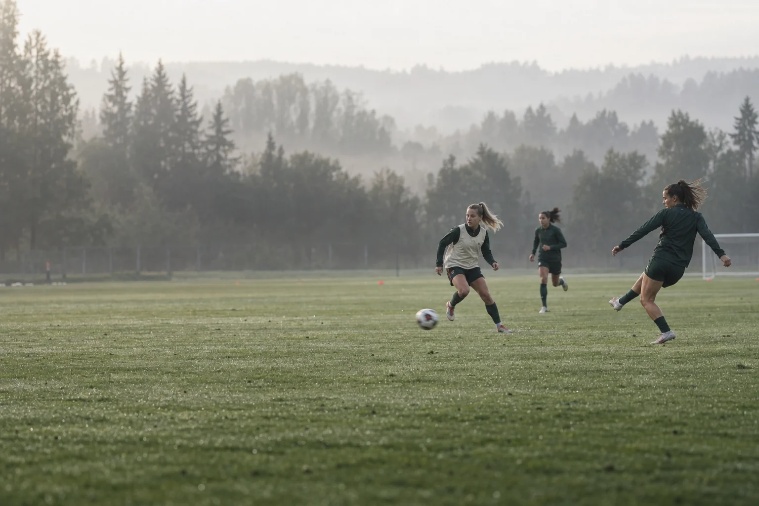 Soccer players practicing passes on an outdoor field