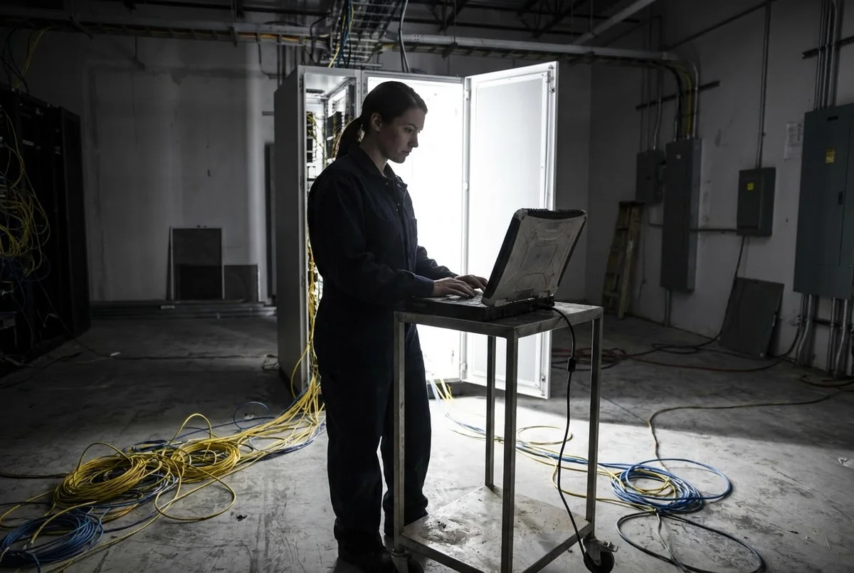 Technician in coveralls working on a laptop cart in a plant's network room