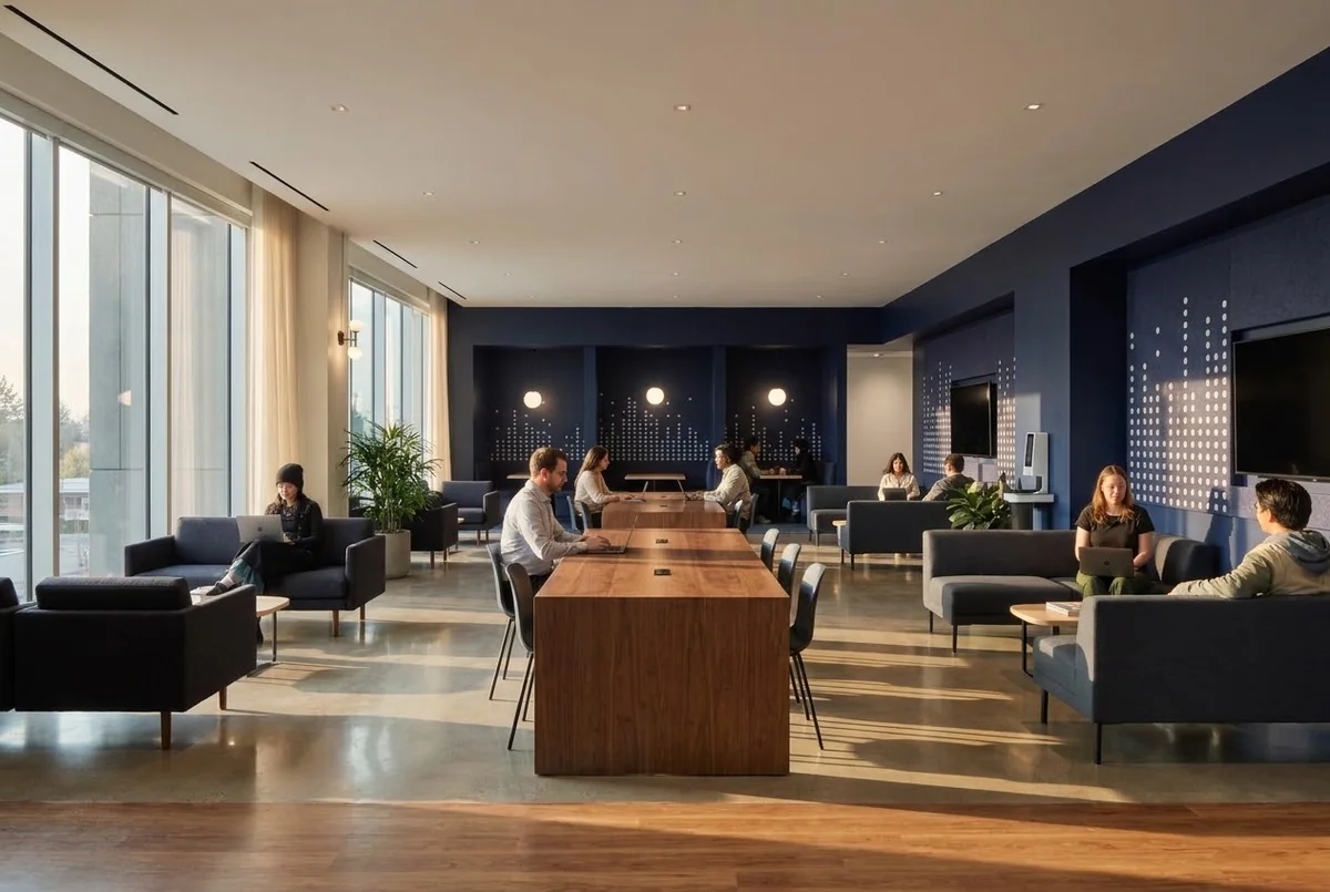 People working on laptops in a bright office lounge