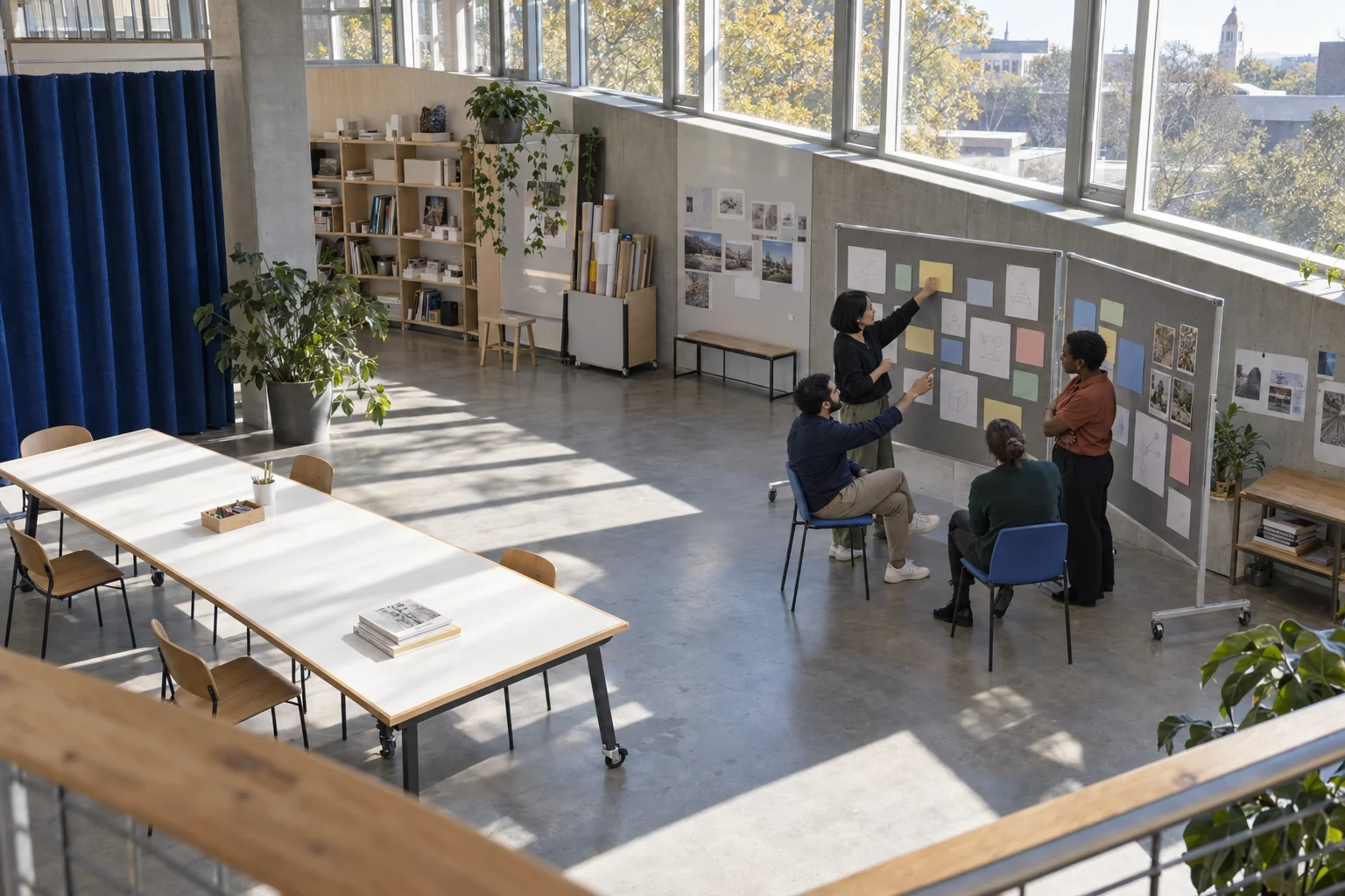 Four colleagues arranging paper cards on a board in a sunlit studio, viewed from above