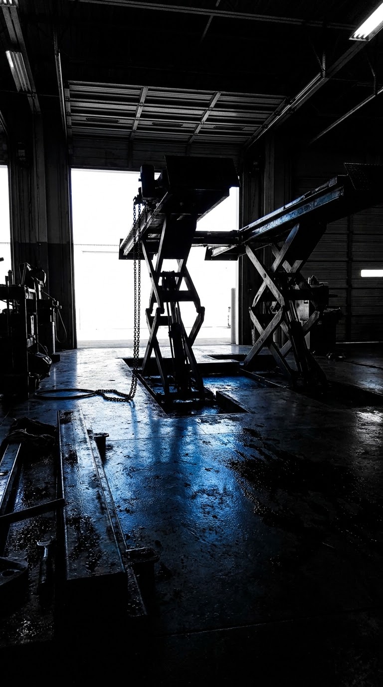 Empty vehicle lifts in a dark service bay