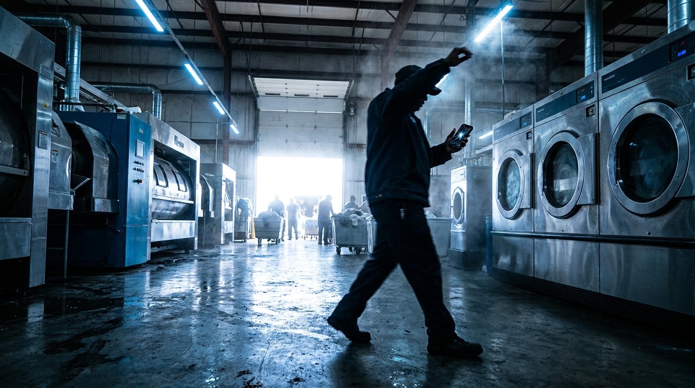 Worker with a phone walking between rows of industrial laundry machines
