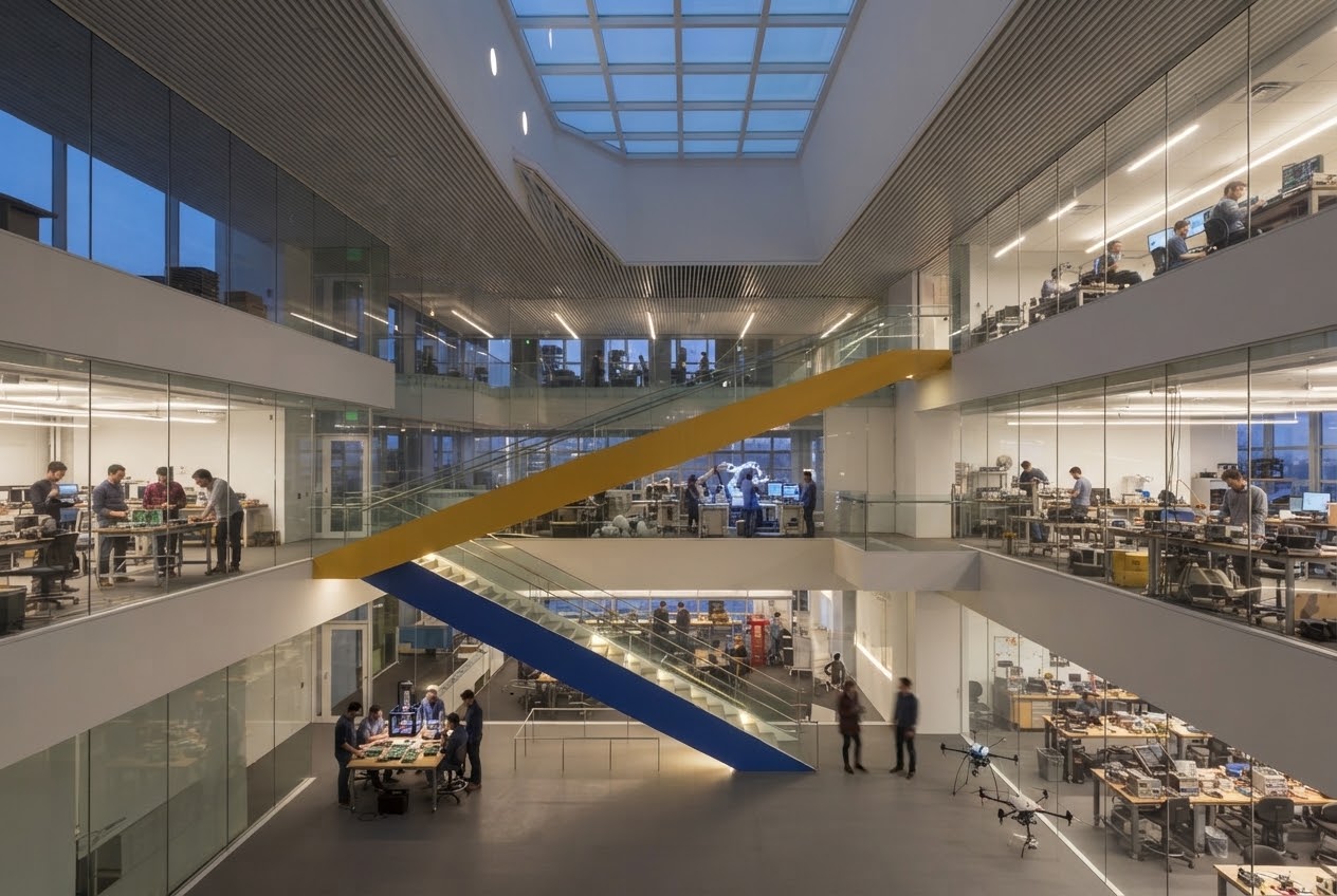 Engineers at workbenches across a multi-story R&D atrium