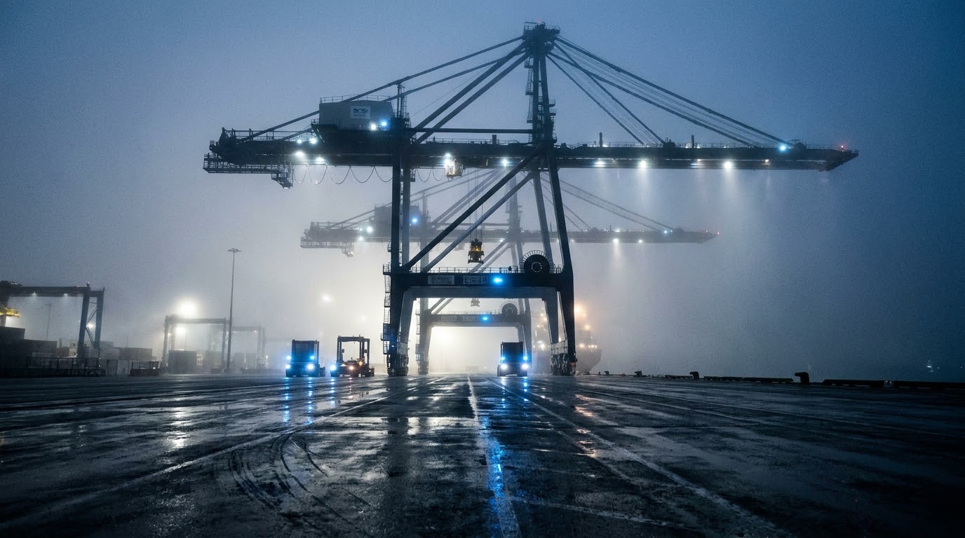 Container gantry cranes in fog at a port terminal at night