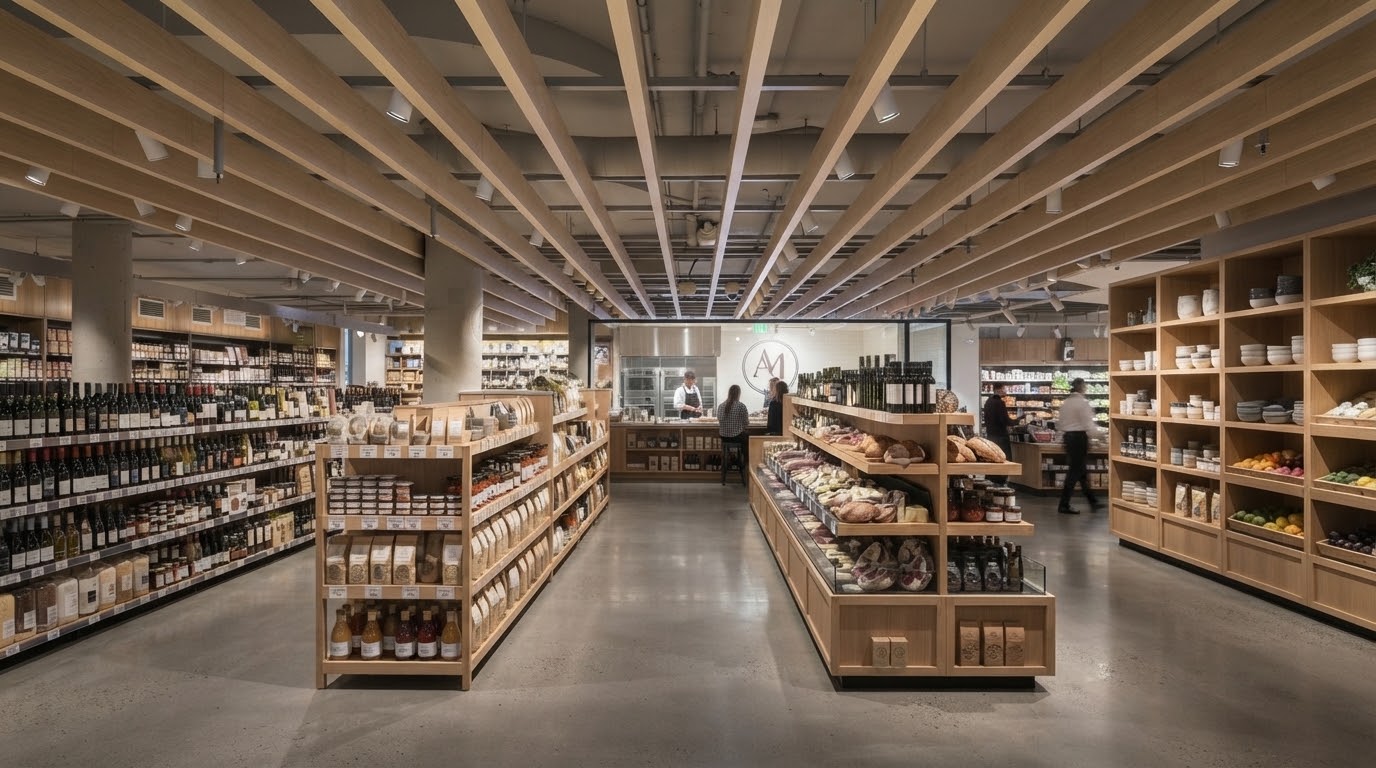 Aisles of a specialty market stocked with wine, bread, and dry goods