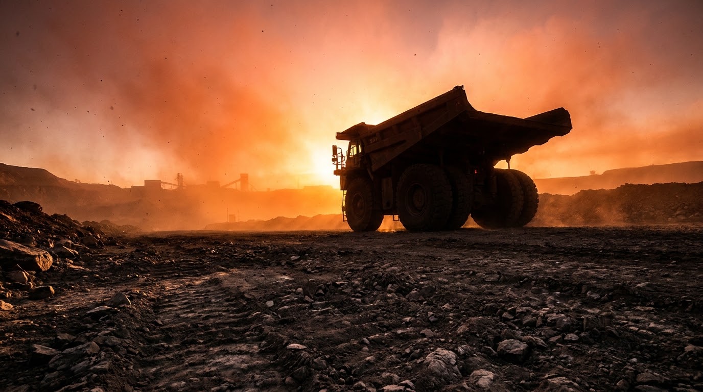 Haul truck silhouetted against dust and setting sun at an open-pit mine
