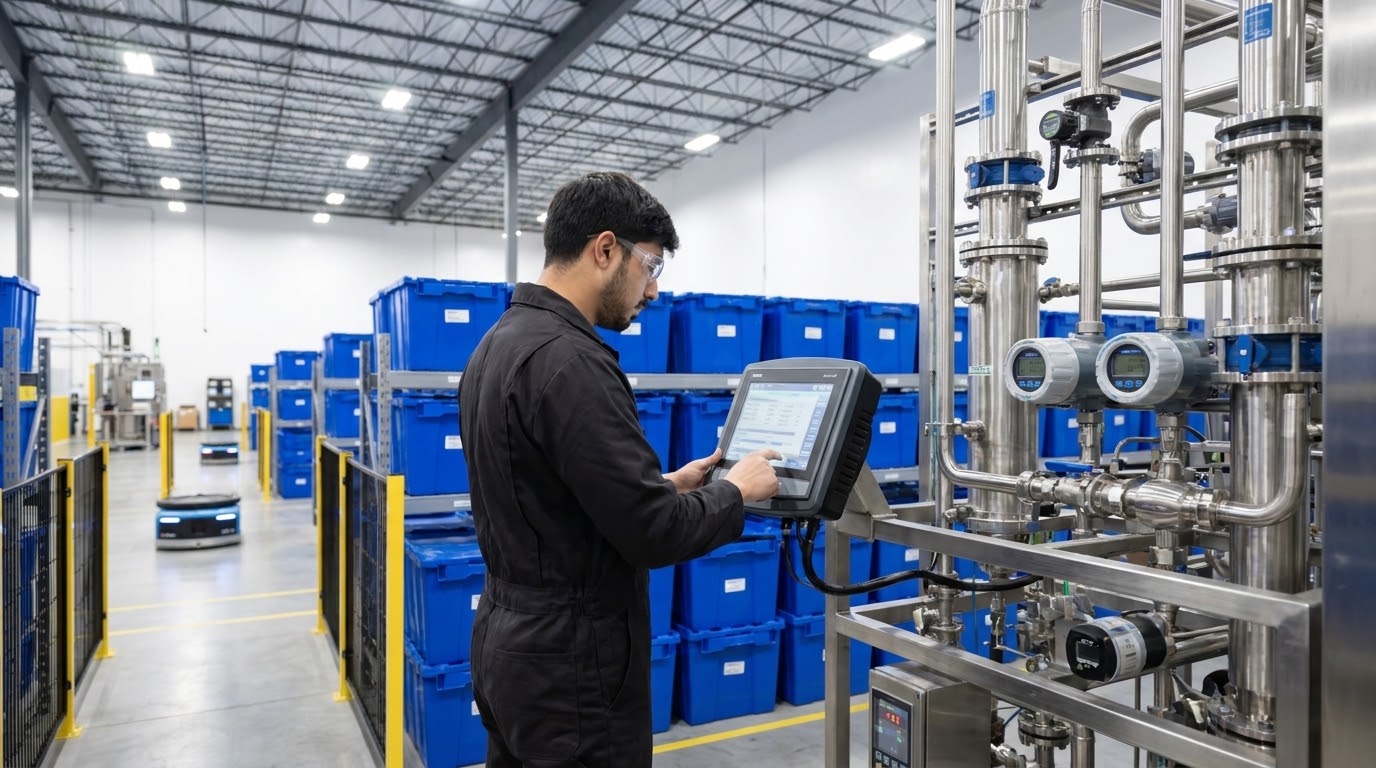 Technician entering readings on a tablet at a stainless-steel process skid
