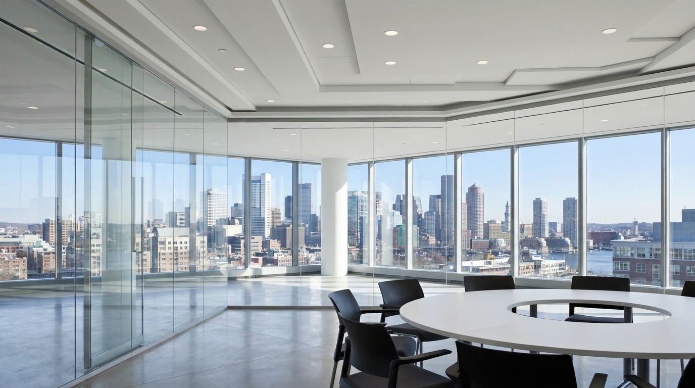 Empty meeting room with a round table and a city skyline view