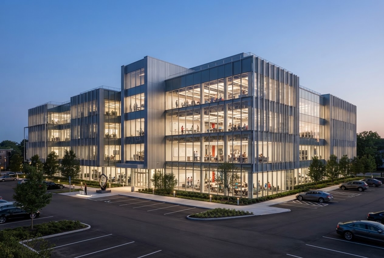 Glass office building at dusk with lit floors