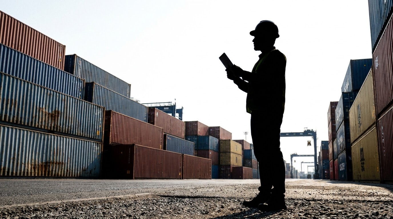 Logistics worker silhouetted with a tablet between stacked shipping containers