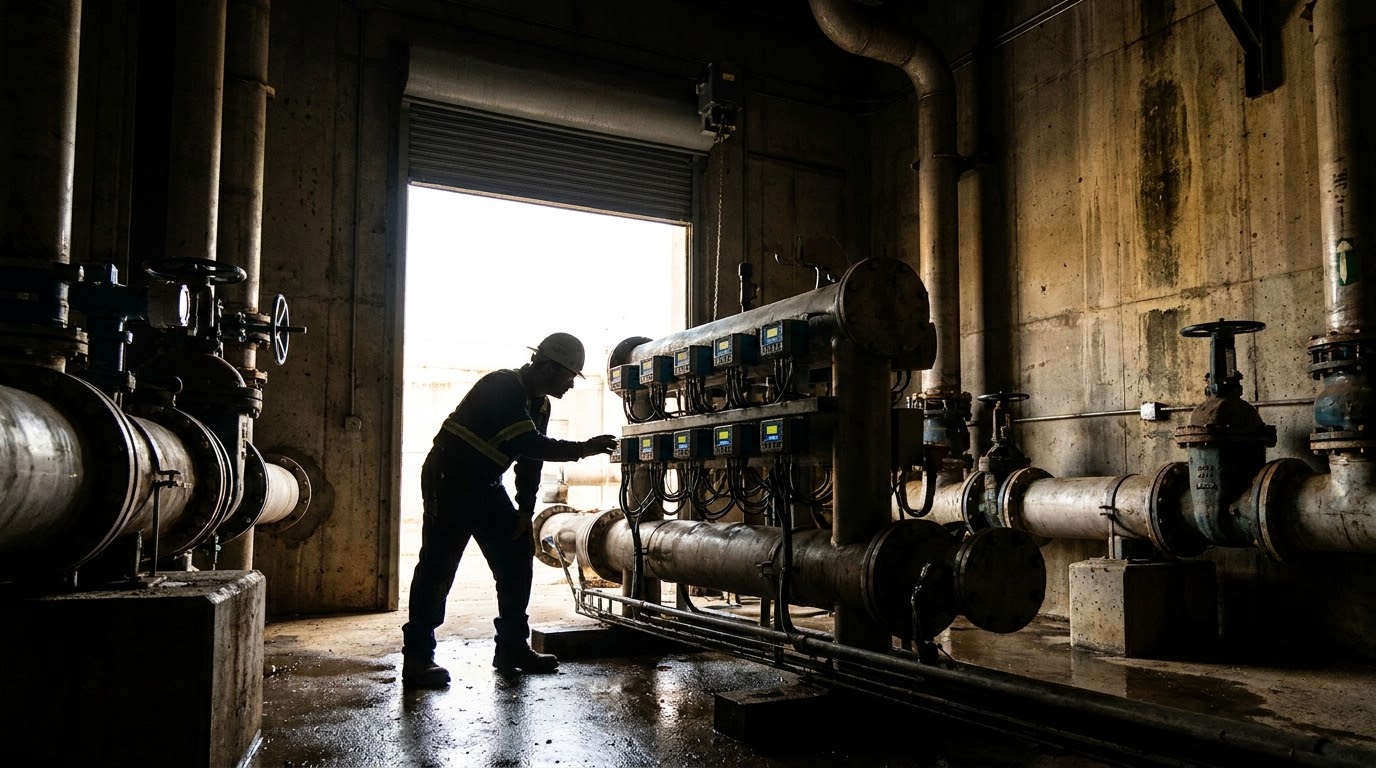 Worker in a hard hat checking valve instruments on a pump manifold