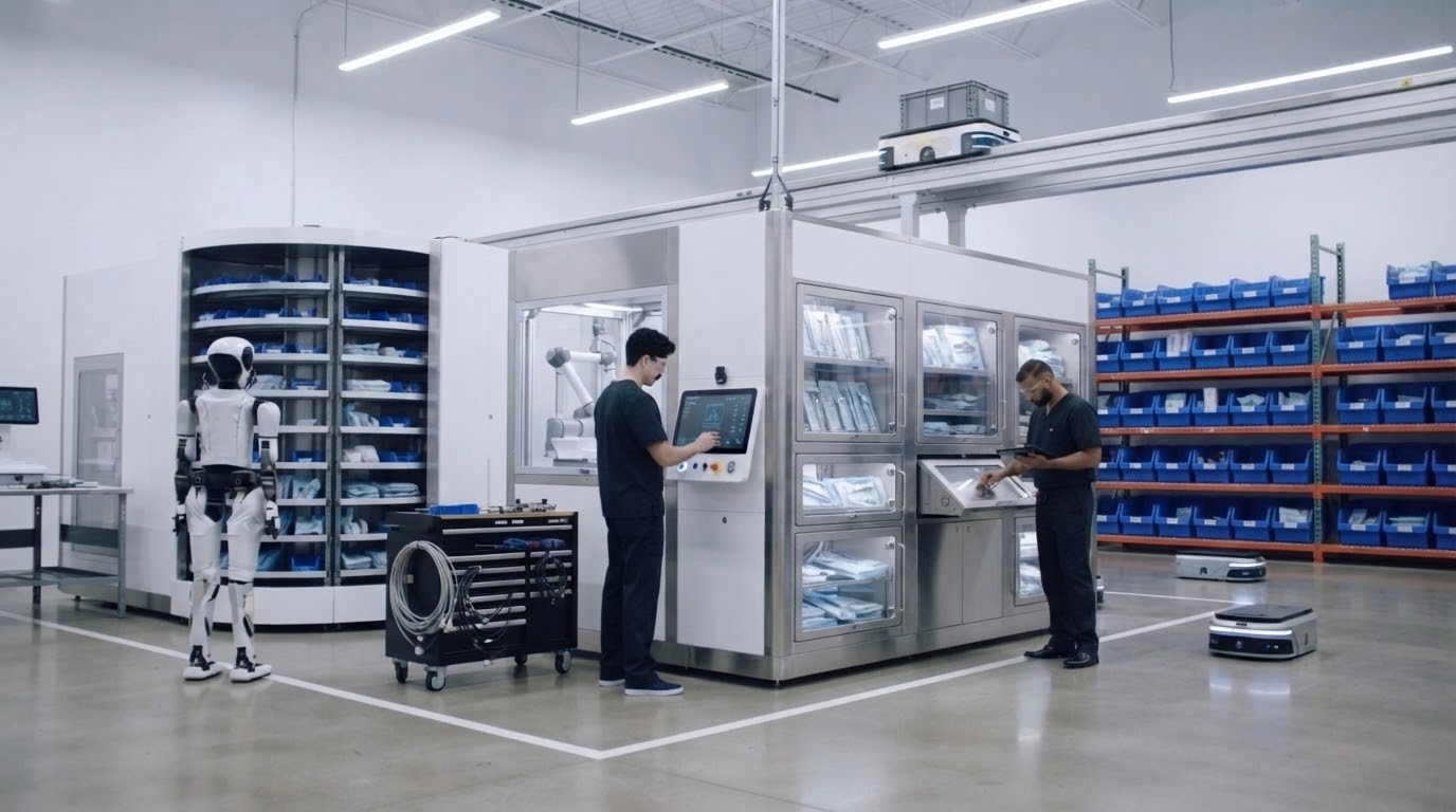 Engineers at automated storage and dispensing cabinets in a robotics lab