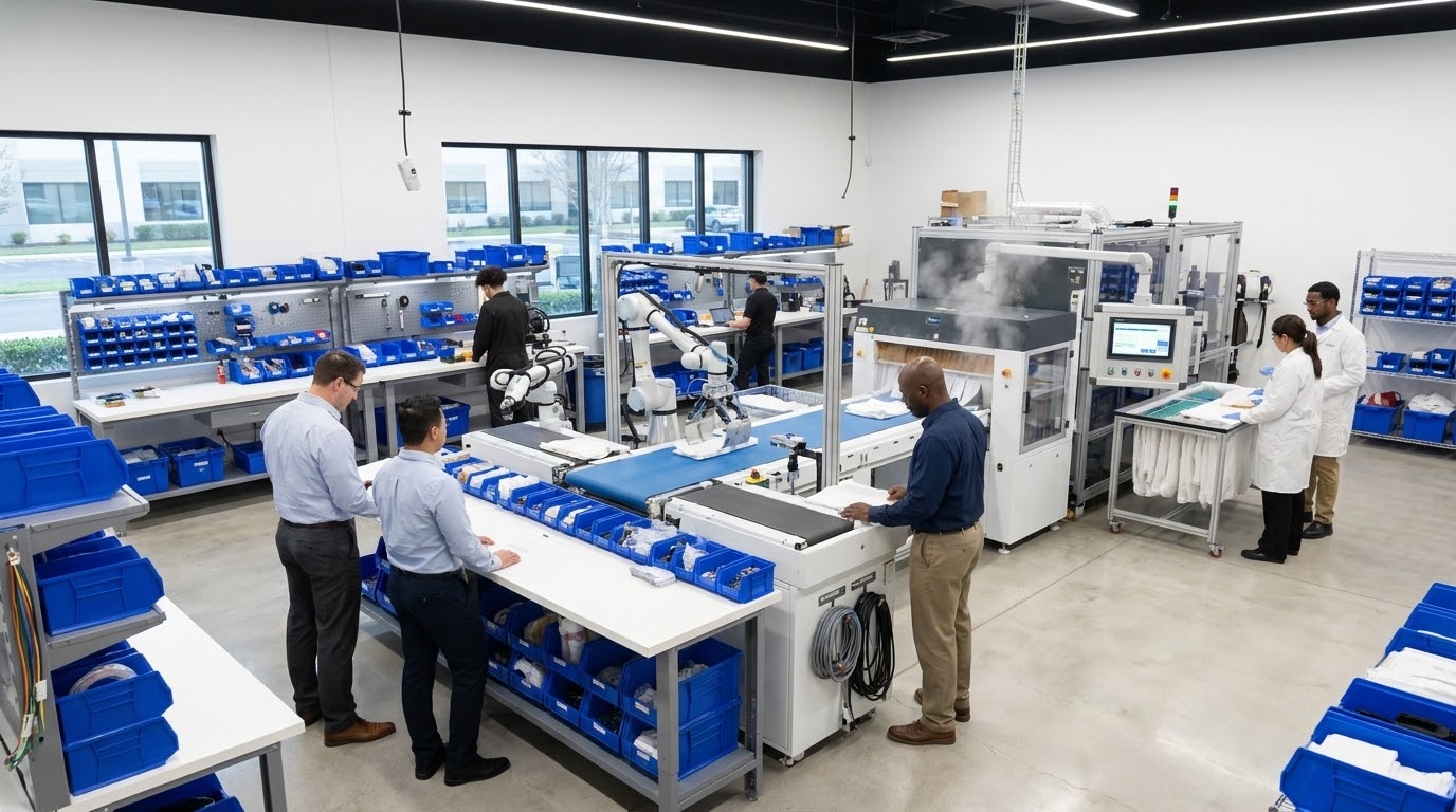 Workers and a collaborative robot arm on a light-assembly floor