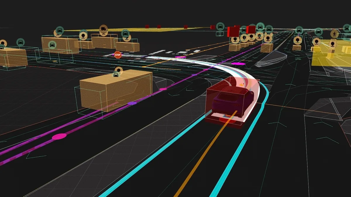 Dark simulation canvas with sensor overlays tracing machine reasoning paths