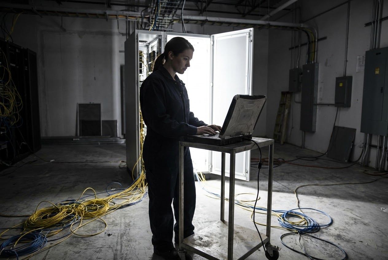 Technician in coveralls working on a laptop cart in a plant's network room
