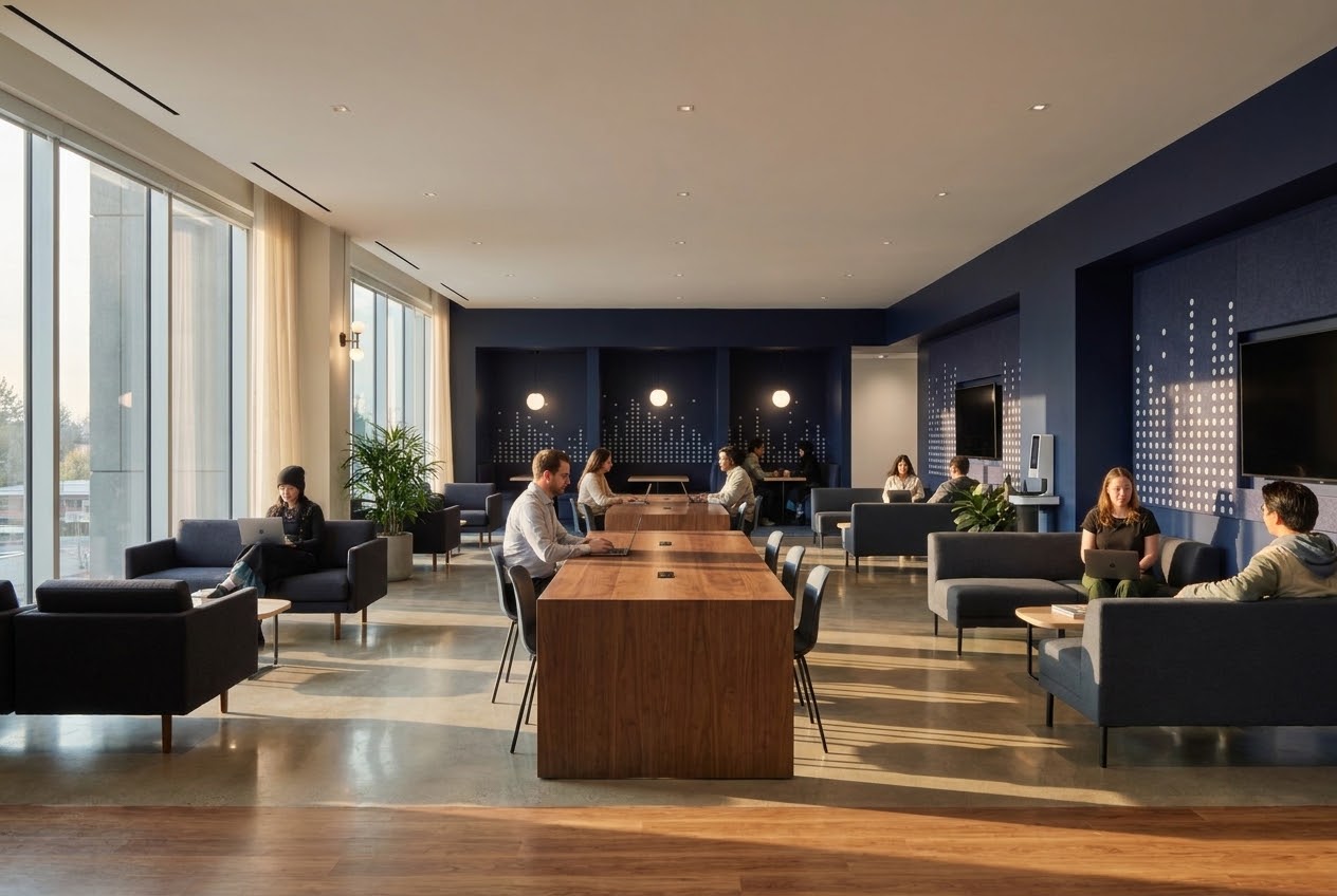 People working on laptops in a bright office lounge