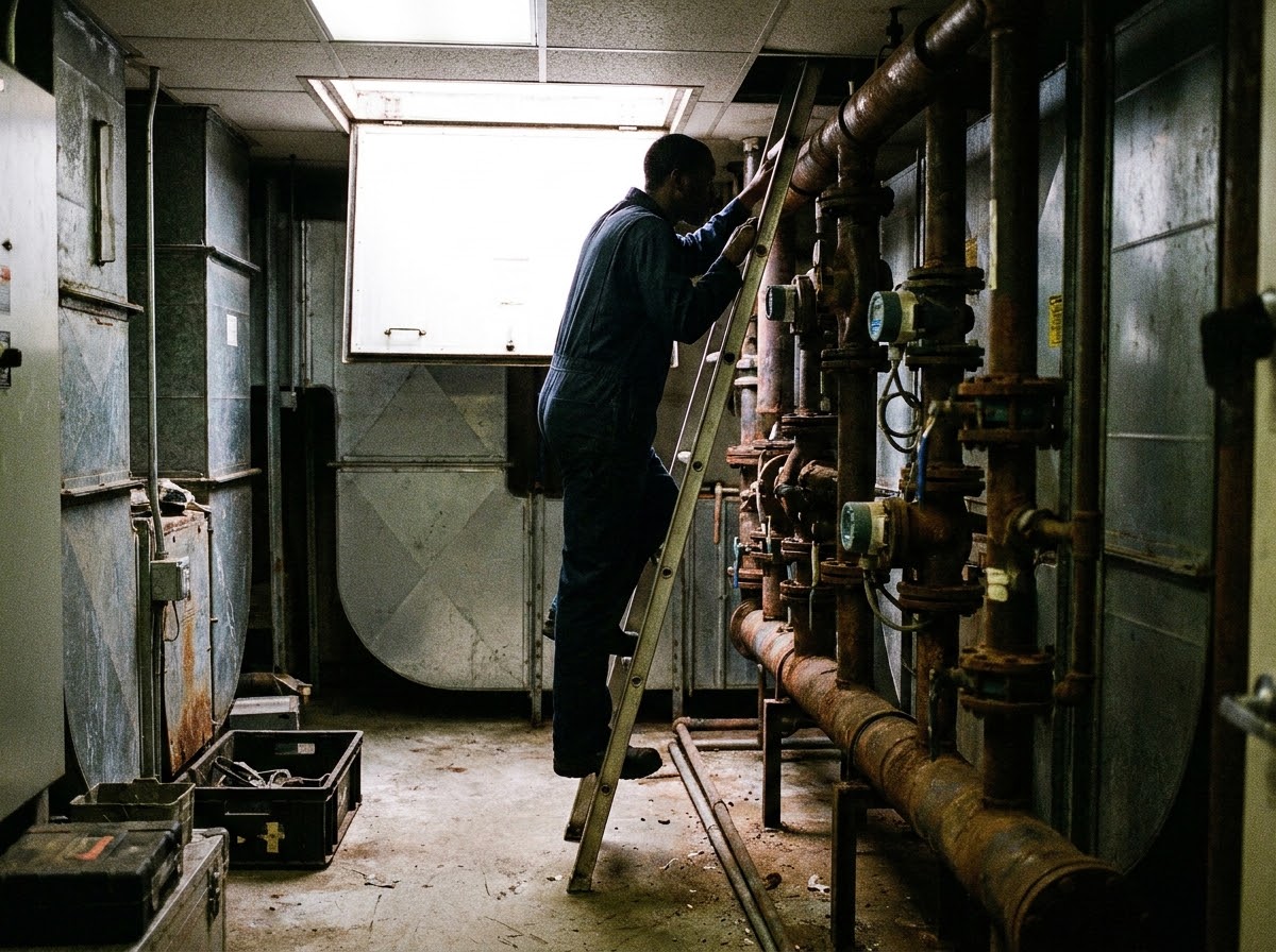 Maintenance worker on a ladder checking gauges on a pipe manifold